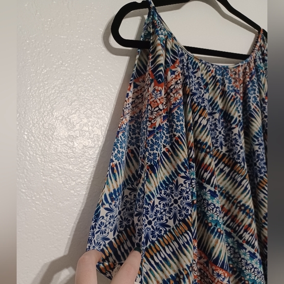 Colorful Patterned Cold Shoulder Blouse Macrame Lace Hems mm mm mm Medium - Picture 3 of 13